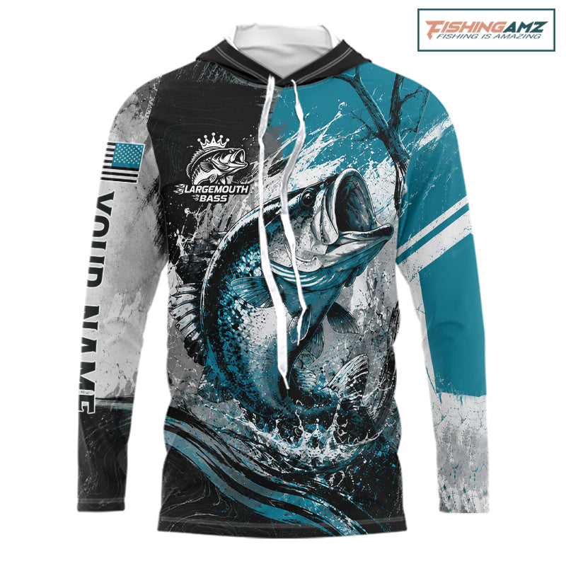 Personalized Bass Fishing Shirts Long Sleeve Hooded, Patriotic American Flag Fishing Jersey NHT1107