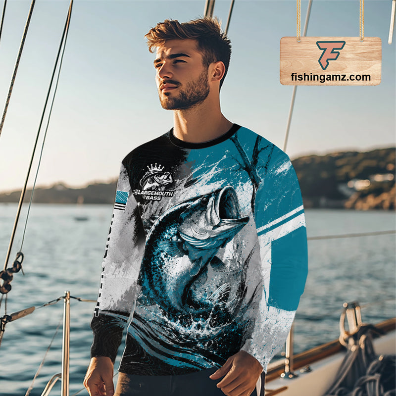 Personalized Bass Fishing Shirts Long Sleeve, Patriotic American Flag Fishing Jersey NHT1107