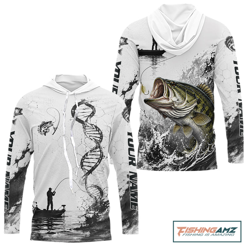 Largemouth Bass Fishing Long Sleeve Hooded Shirt Fisherman Boat DNA Art Graphic For Anglers