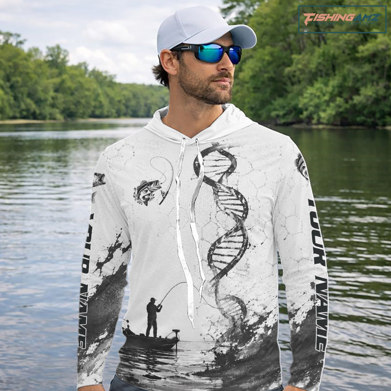 Largemouth Bass Fishing Long Sleeve Hooded Shirt Fisherman Boat DNA Art Graphic For Anglers