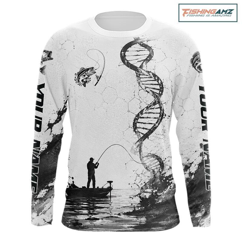 Largemouth Bass Fishing Long Sleeve Shirt Fisherman Boat DNA Art Graphic For Anglers