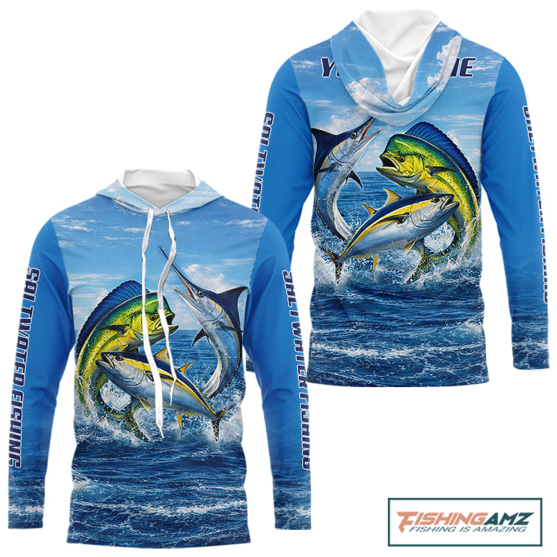 Personalized Mahi Mahi, Marlin, Tuna Blue Performance Hooded Fishing Shirt, Saltwater Tournament Shirts NHT600