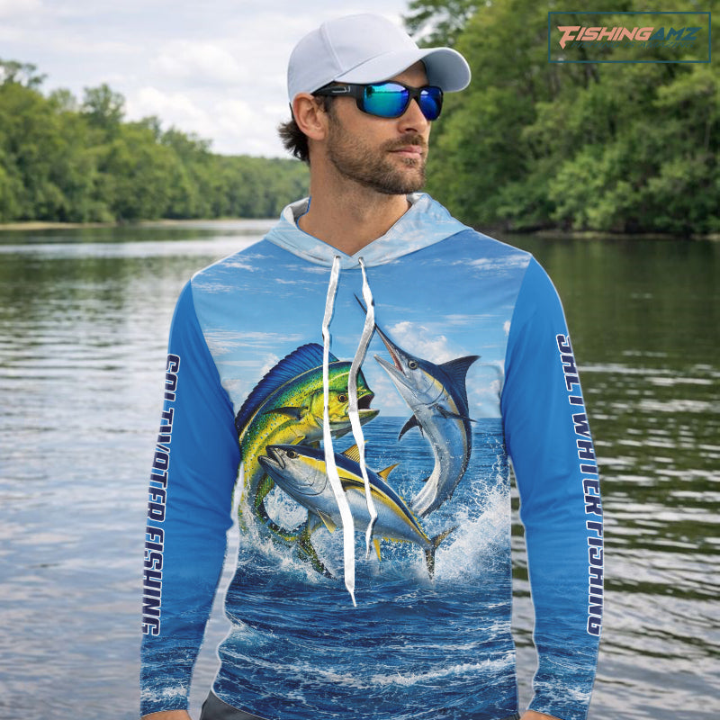 Personalized Mahi Mahi, Marlin, Tuna Blue Performance Hooded Fishing Shirt, Saltwater Tournament Shirts NHT600