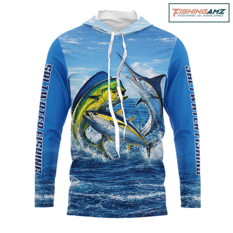 Personalized Mahi Mahi, Marlin, Tuna Blue Performance Hooded Fishing Shirt, Saltwater Tournament Shirts NHT600