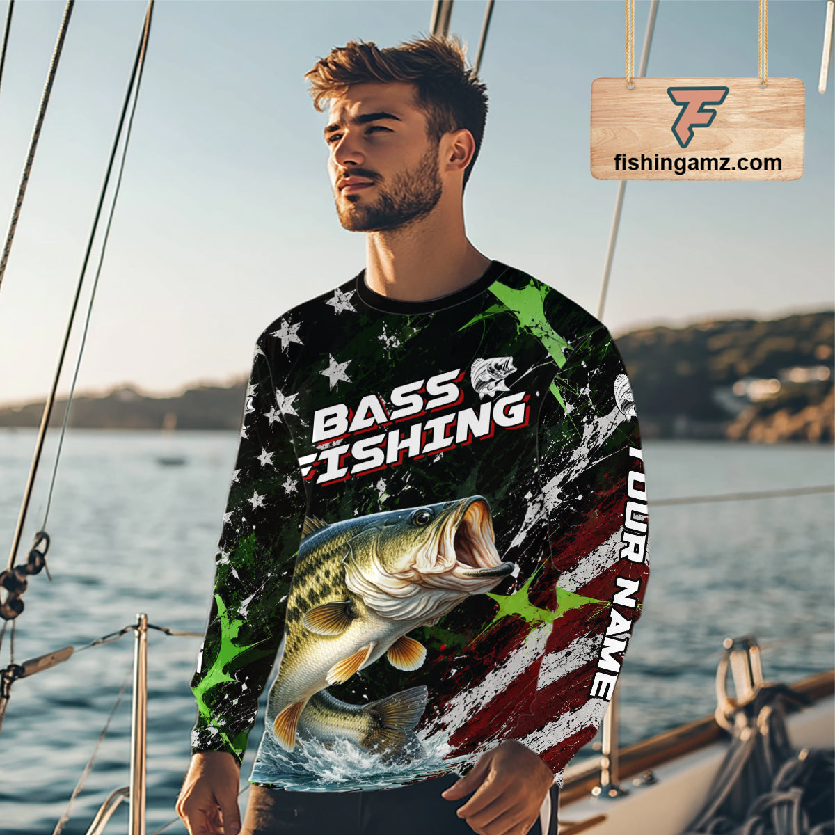 Best Bass Fishing Shirt Long Sleeve American Flag Patriotic Custom Name