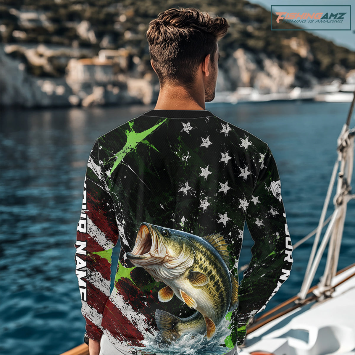 Best Bass Fishing Shirt Long Sleeve American Flag Patriotic Custom Name
