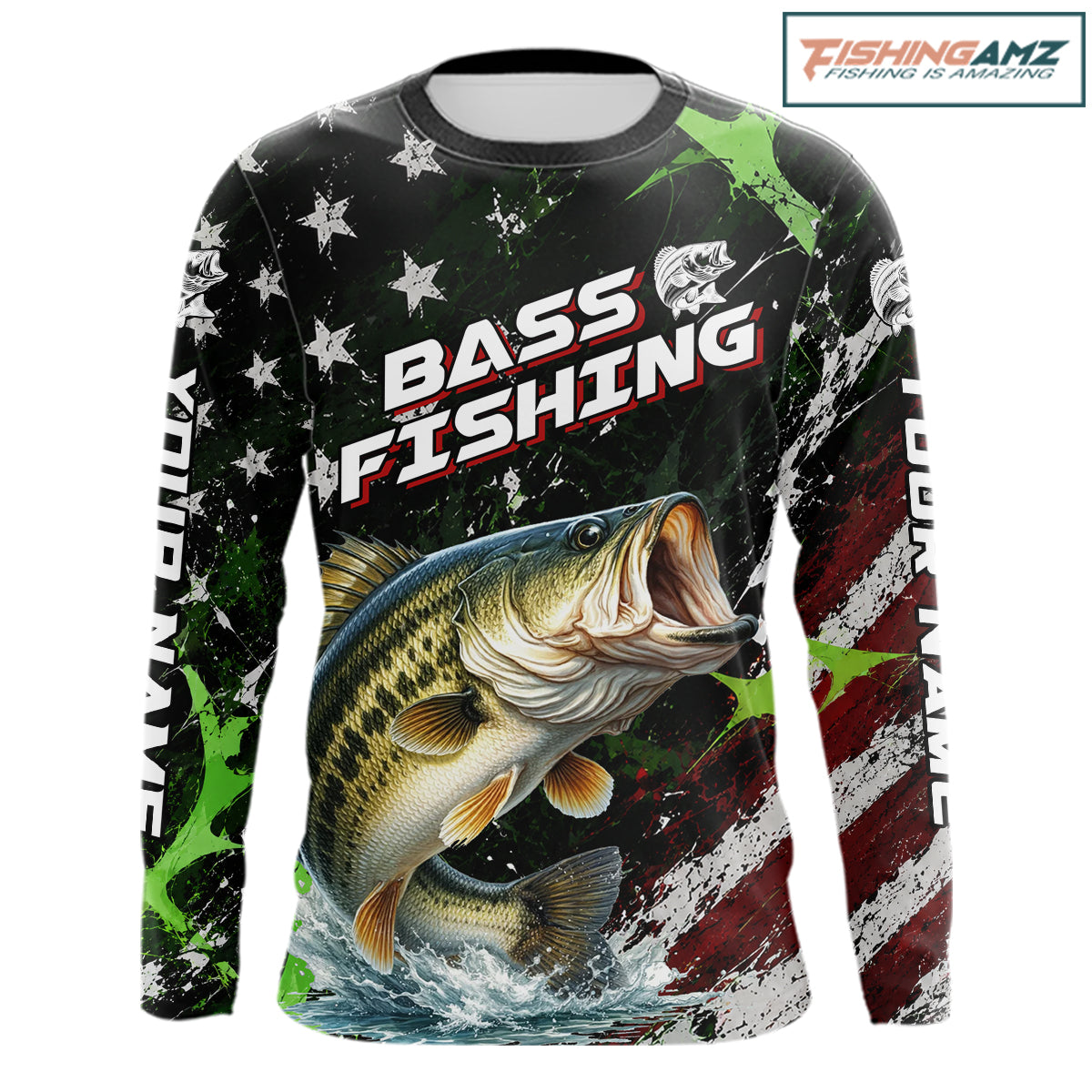 Best Bass Fishing Shirt Long Sleeve American Flag Patriotic Custom Name