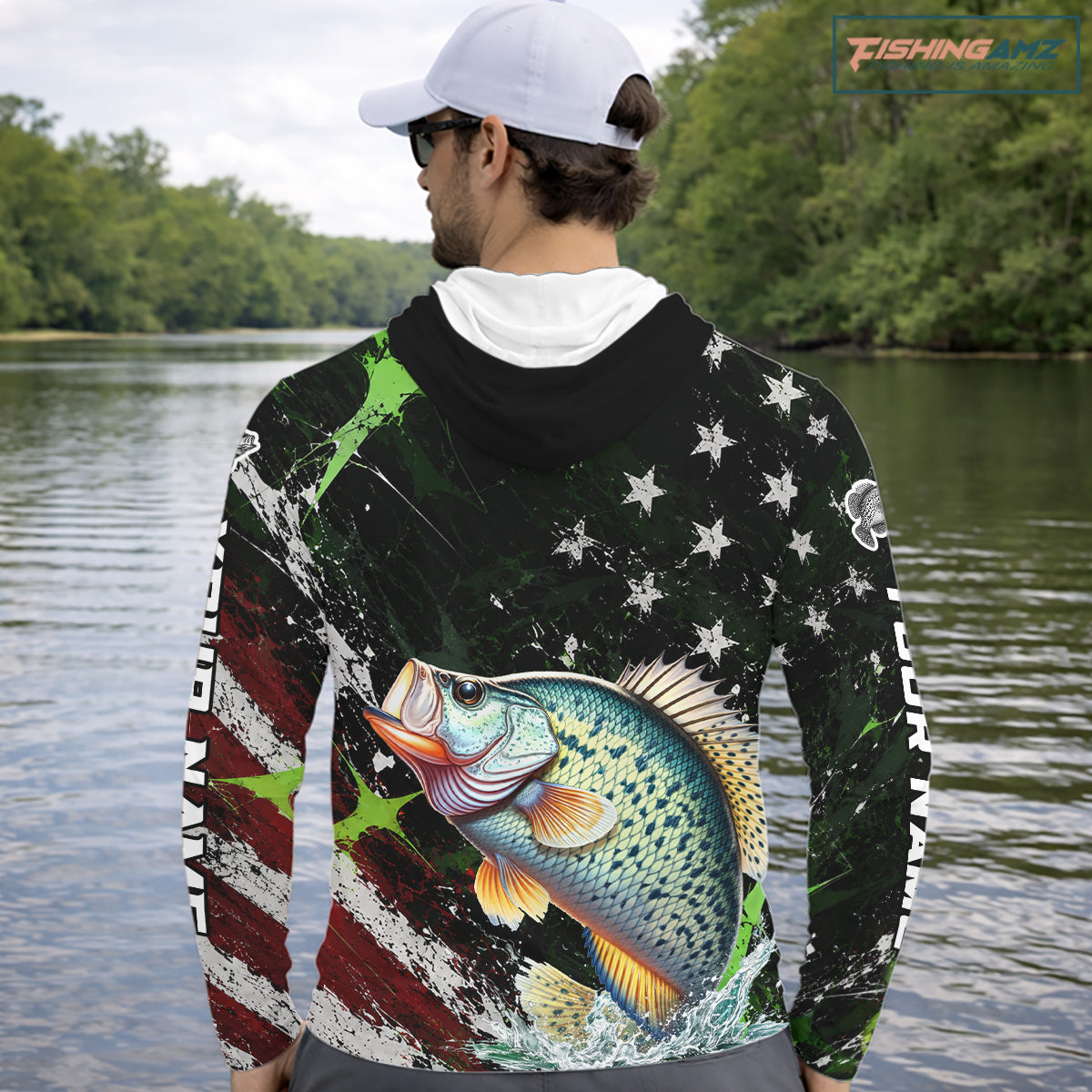 Best Crappie Fishing Shirts Long Sleeve Hooded American Flag Patriotic Custom Name Fishing Jersey NHT966