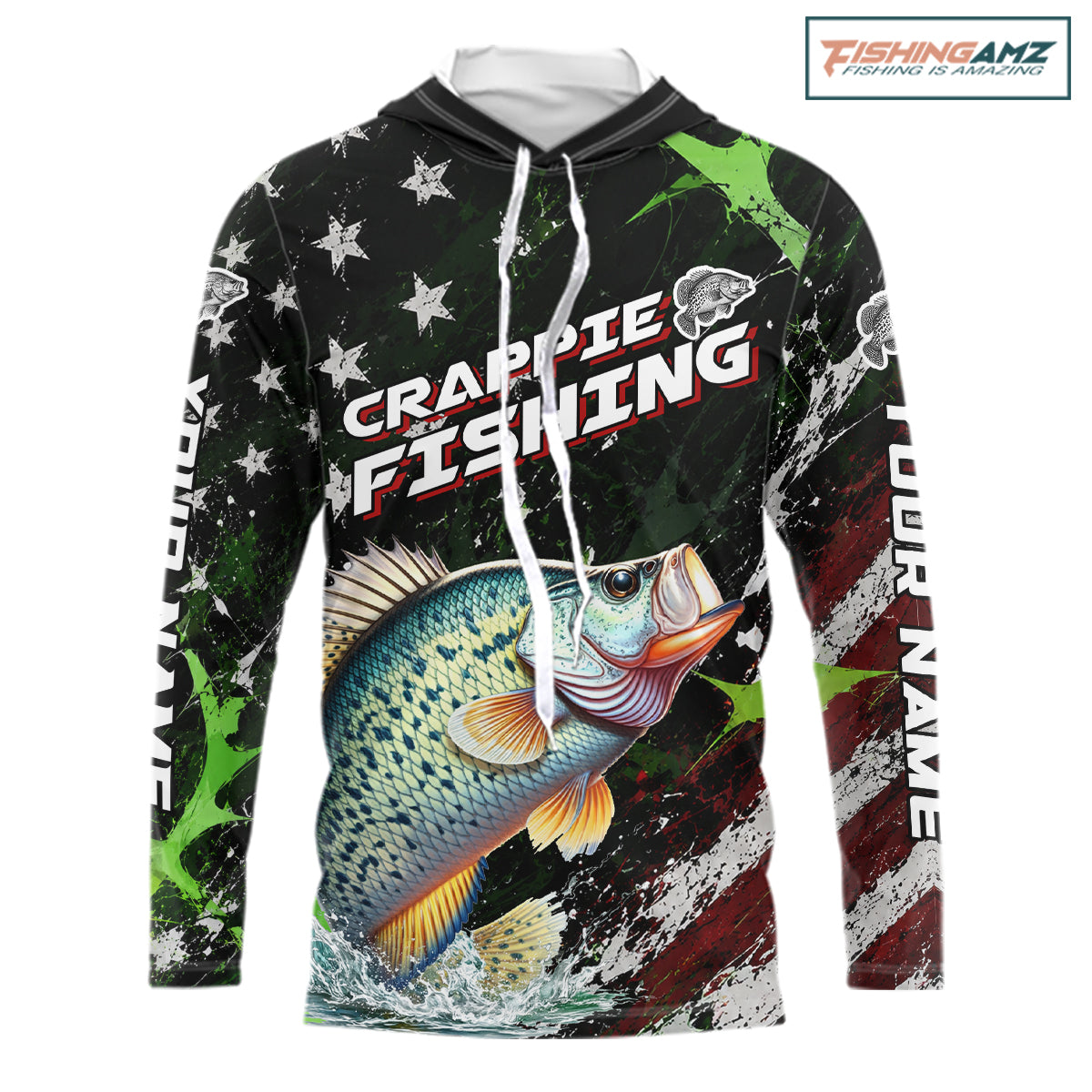 Best Crappie Fishing Shirt Long Sleeve Hooded American Flag Patriotic Custom Name
