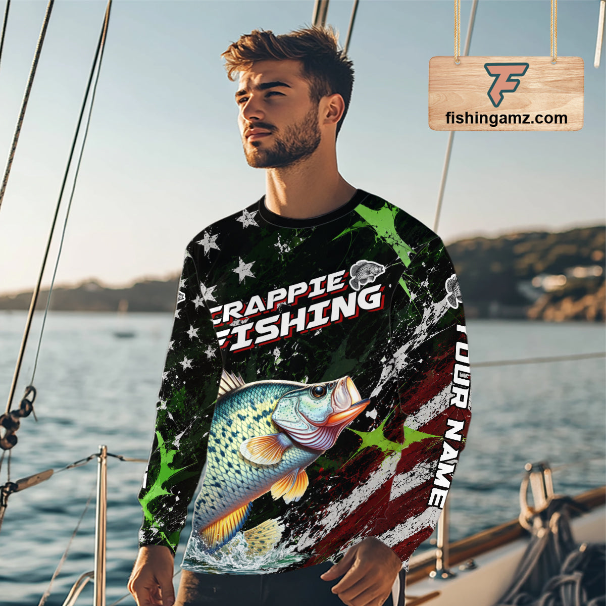 Best Crappie Fishing Shirt Long Sleeve American Flag Patriotic Custom Name
