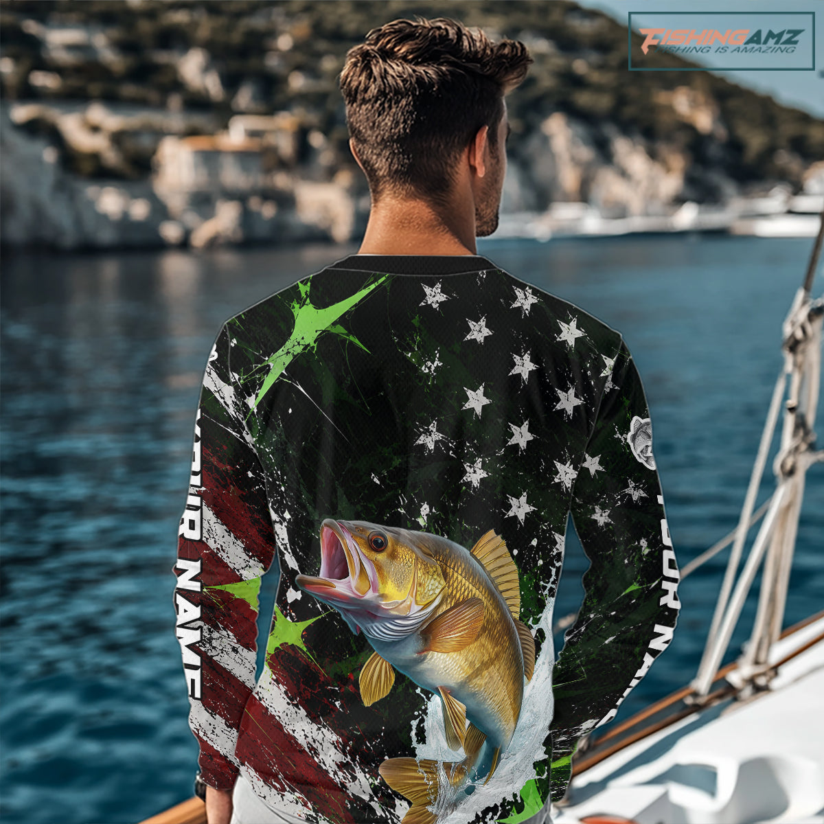 Best Walleye Fishing Shirt Long Sleeve American Flag Patriotic Custom Name