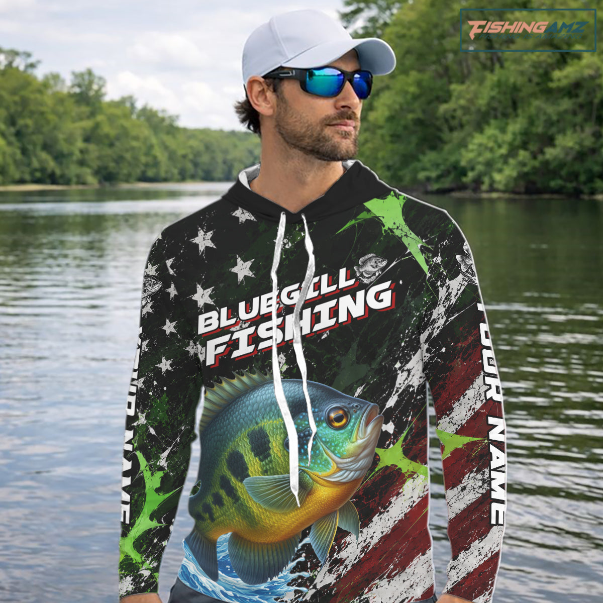 Best Bluegill Fishing Shirt Long Sleeve Hooded American Flag Patriotic Custom Name