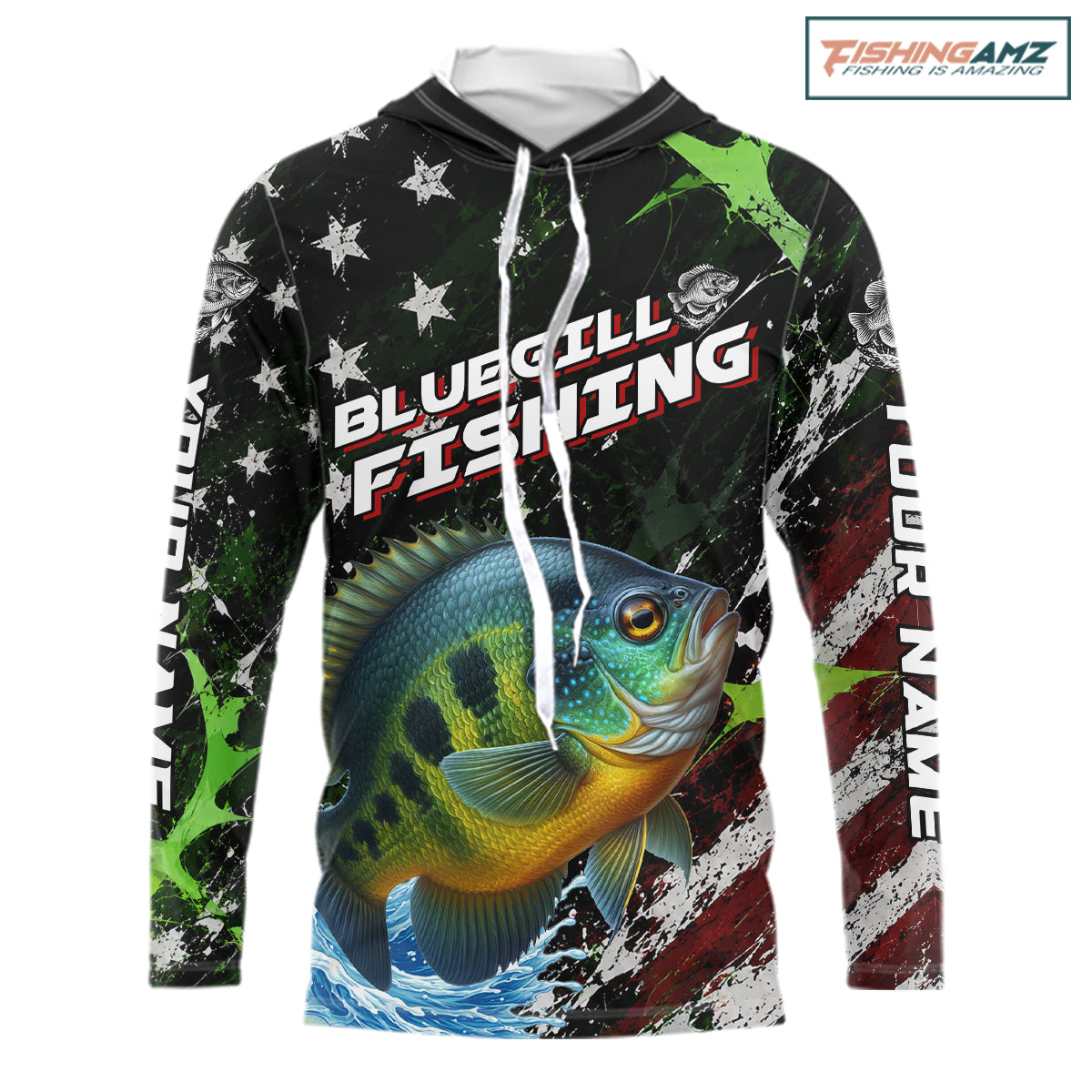 Best Bluegill Fishing Shirt Long Sleeve Hooded American Flag Patriotic Custom Name