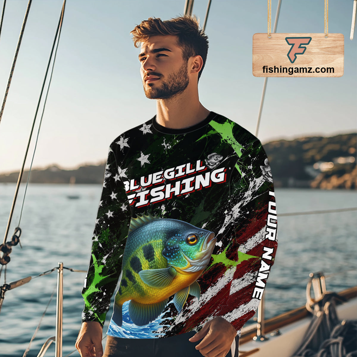 Best Bluegill Fishing Shirt Long Sleeve American Flag Patriotic Custom Name