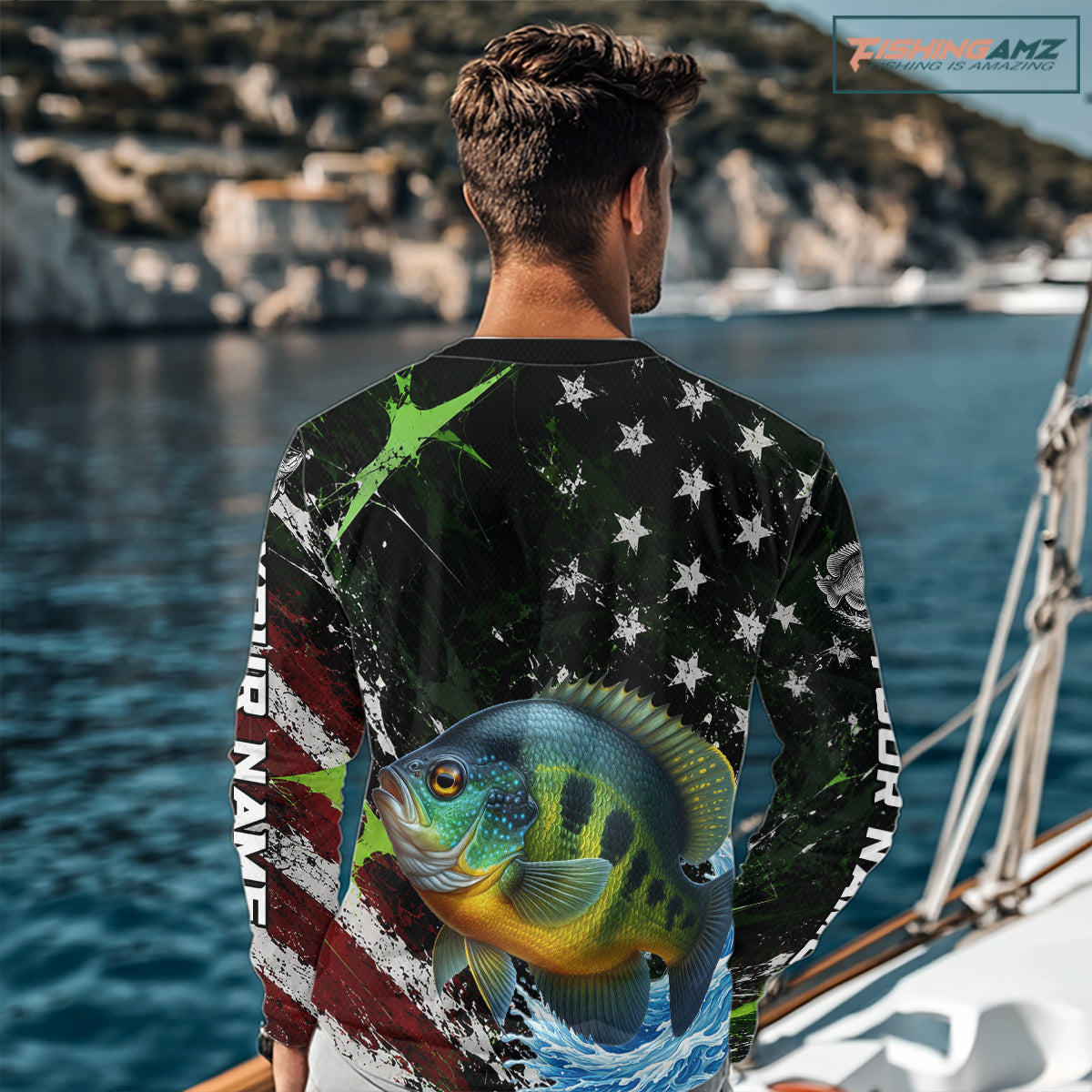 Best Bluegill Fishing Shirts Long Sleeve American Flag Patriotic Custom Name Fishing Jersey NHT968
