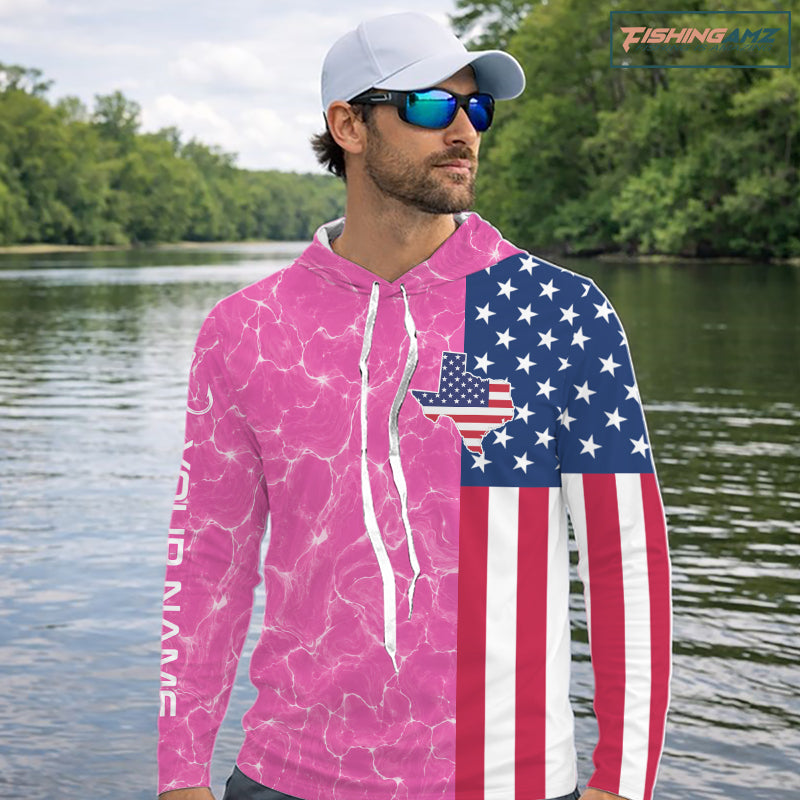 Texas Fishing Shirt Pink American Flag Men's Long Sleeve Hooded Fishing Apparel NHT1152