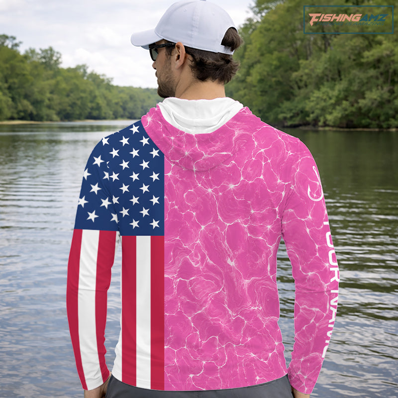 Texas Fishing Shirt Pink American Flag Men's Long Sleeve Hooded Fishing Apparel NHT1152