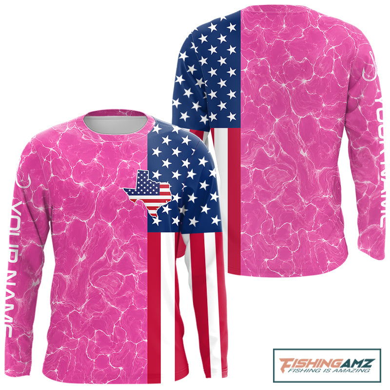 Texas Fishing Shirt Pink American Flag Men's Long Sleeve Fishing Apparel