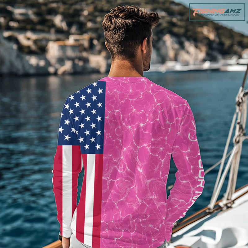 Texas Fishing Shirt Pink American Flag Men's Long Sleeve Fishing Apparel