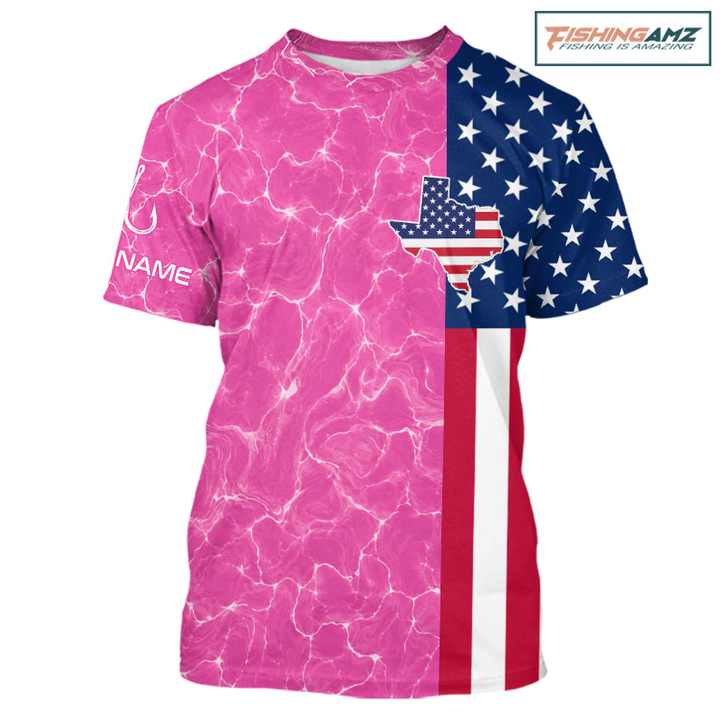 Texas Fishing T-Shirt Pink American Flag Men's Long Sleeve Fishing Apparel