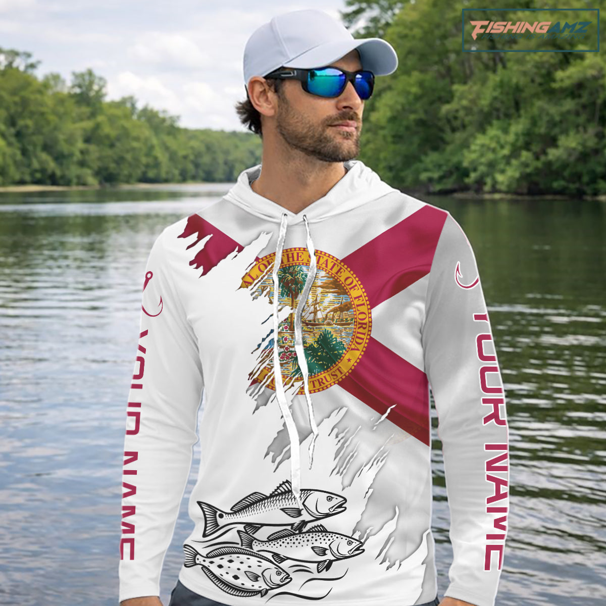 Personalized Inshore Slam Snook, Redfish,Trout Florida Flag Fishing Shirts Long Sleeve Hooded For Men NHT848