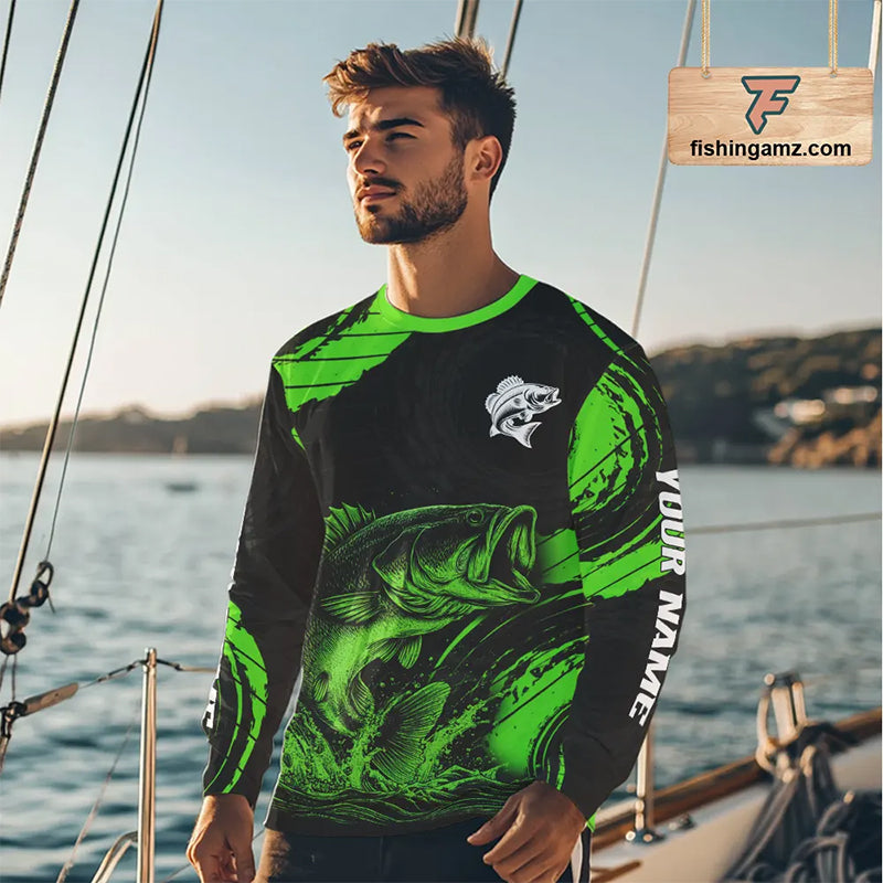 Personalized Bass Fishing Jerseys, Bass Fishing Scale Long Sleeve Shirt| Green NHT386