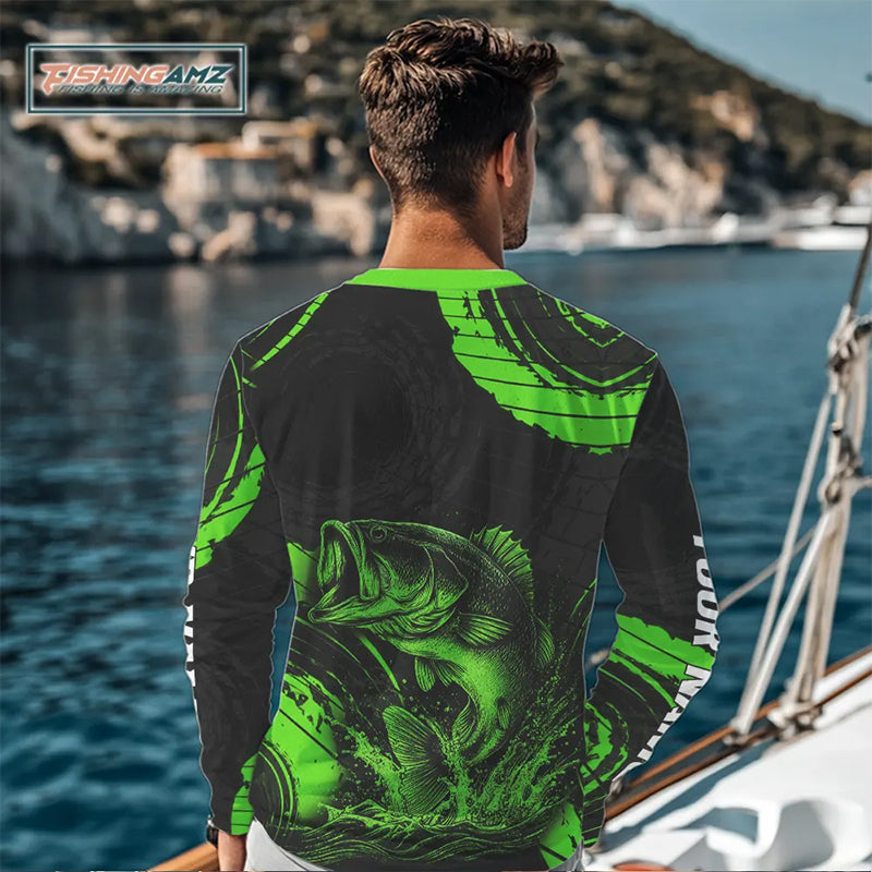Personalized Bass Fishing Jerseys, Bass Fishing Scale Long Sleeve Shirt| Green NHT386