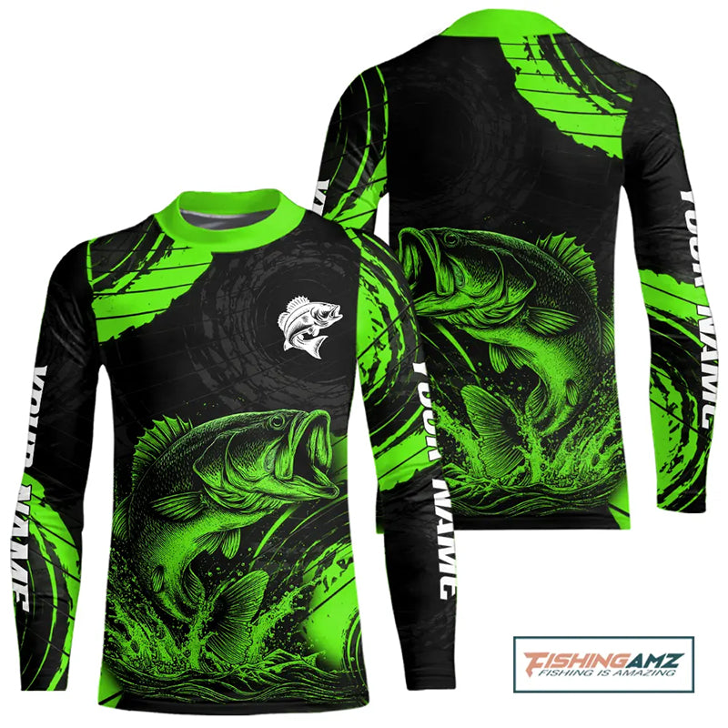 Personalized Bass Fishing Jerseys, Bass Fishing Scale Long Sleeve Shirt| Green NHT386