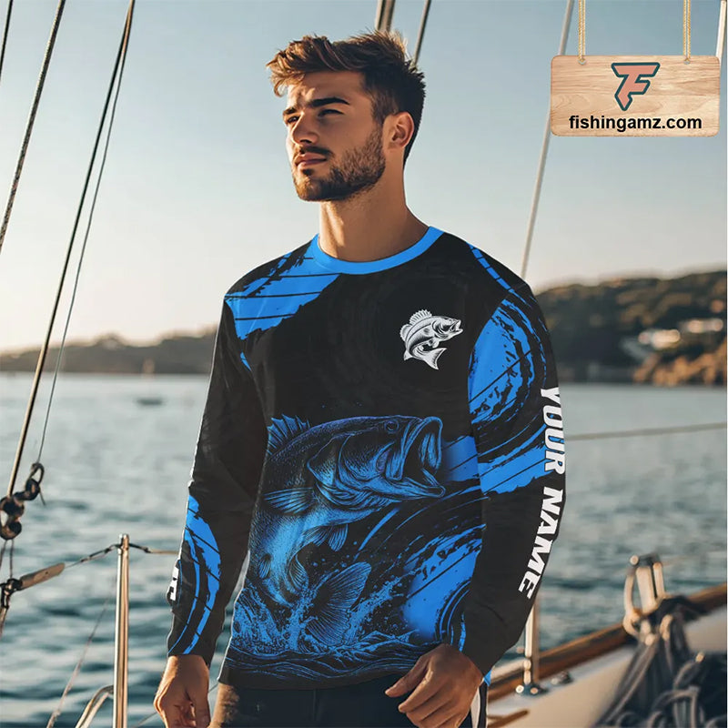 Personalized Bass Fishing Jerseys, Bass Fishing Scale Long Sleeve Shirt| Blue NHT387