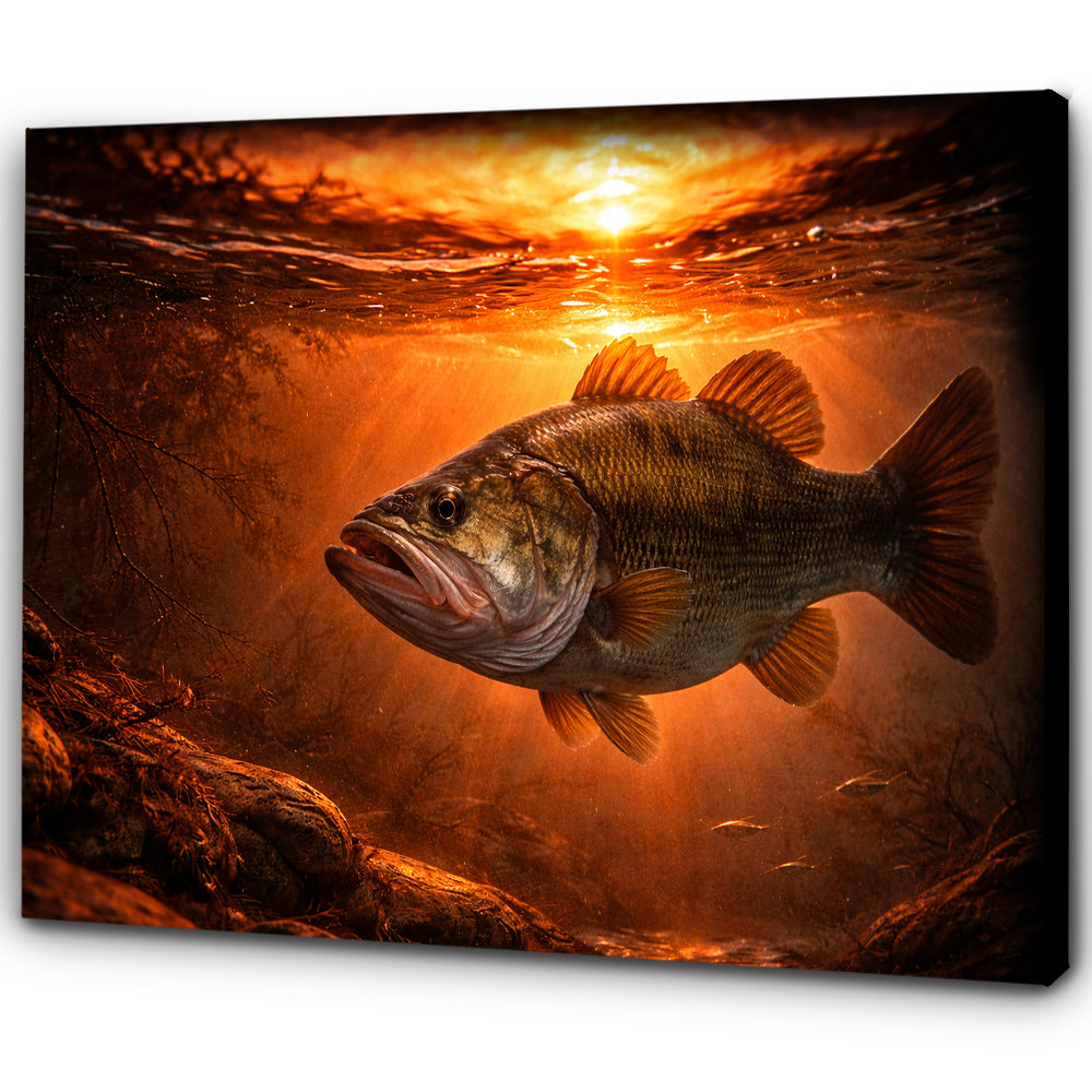 Bass Fish Canvas Art – Sunset Bass Fishing Wall Decor NHT487