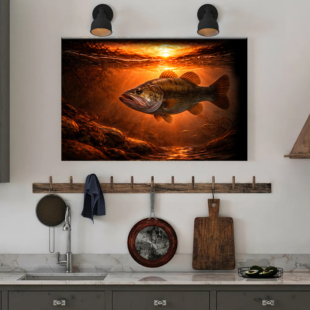 Bass Fish Canvas Art – Sunset Bass Fishing Wall Decor NHT487