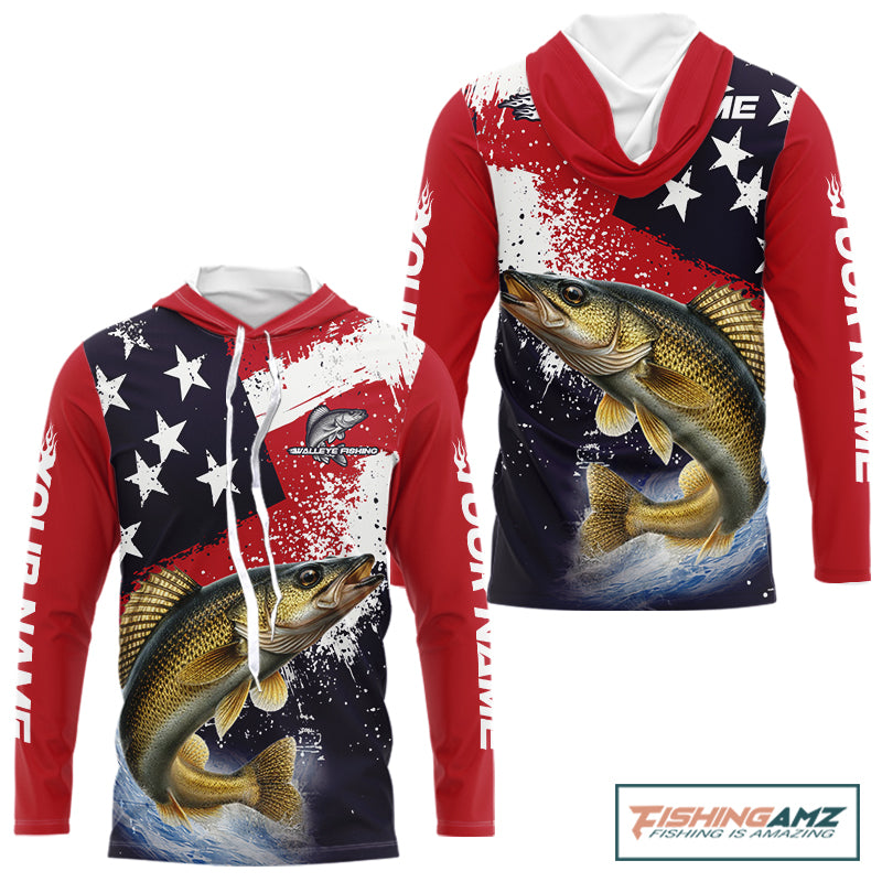 Personalized Walleye Fishing Jerseys, Custom American Flag Walleye Hooded Fishing Shirts Long Sleeve NHT488