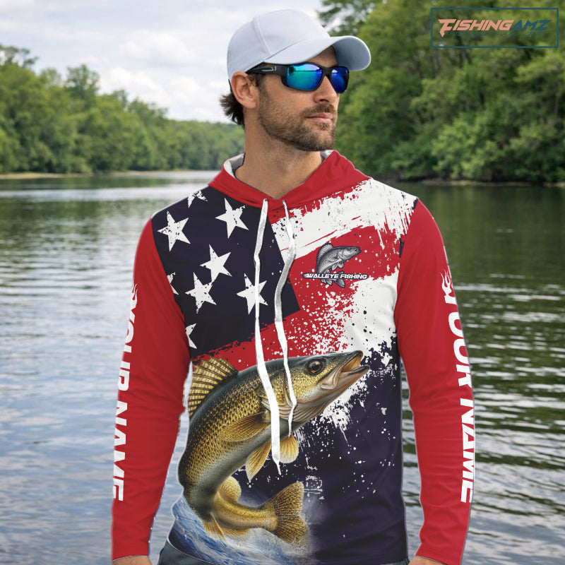 Personalized Walleye Fishing Jerseys, Custom American Flag Walleye Hooded Fishing Shirts Long Sleeve NHT488