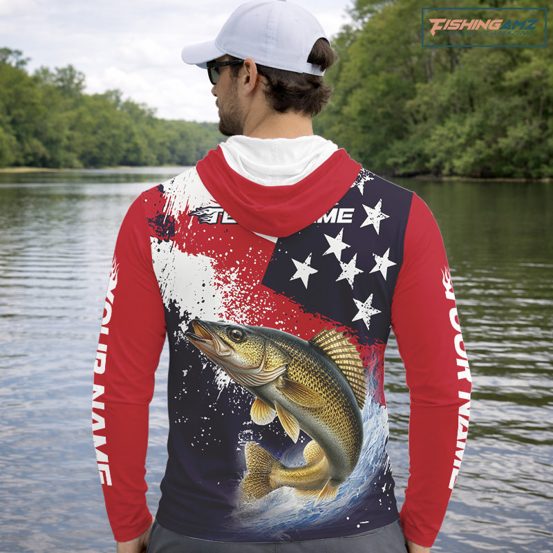 Personalized Walleye Fishing Jerseys, Custom American Flag Walleye Hooded Fishing Shirts Long Sleeve NHT488