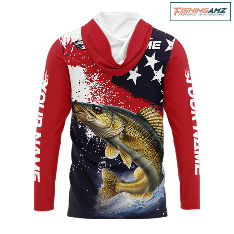 Personalized Walleye Fishing Jerseys, Custom American Flag Walleye Hooded Fishing Shirts Long Sleeve NHT488