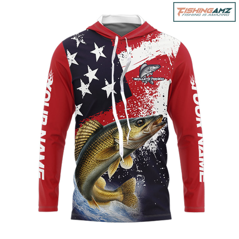 Personalized Walleye Fishing Jerseys, Custom American Flag Walleye Hooded Fishing Shirts Long Sleeve NHT488