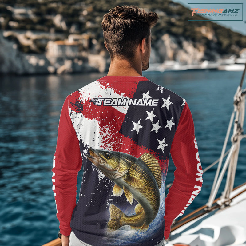 Personalized Walleye Fishing Jerseys, Custom American Flag Walleye Fishing Shirts Long Sleeve NHT488
