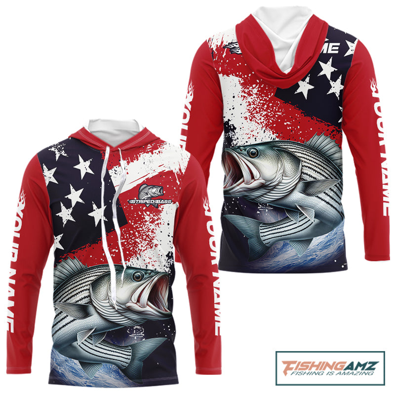Personalized Striped Bass Fishing Jerseys, Custom American Flag Hooded Bass Fishing Shirts Long Sleeve NHT489
