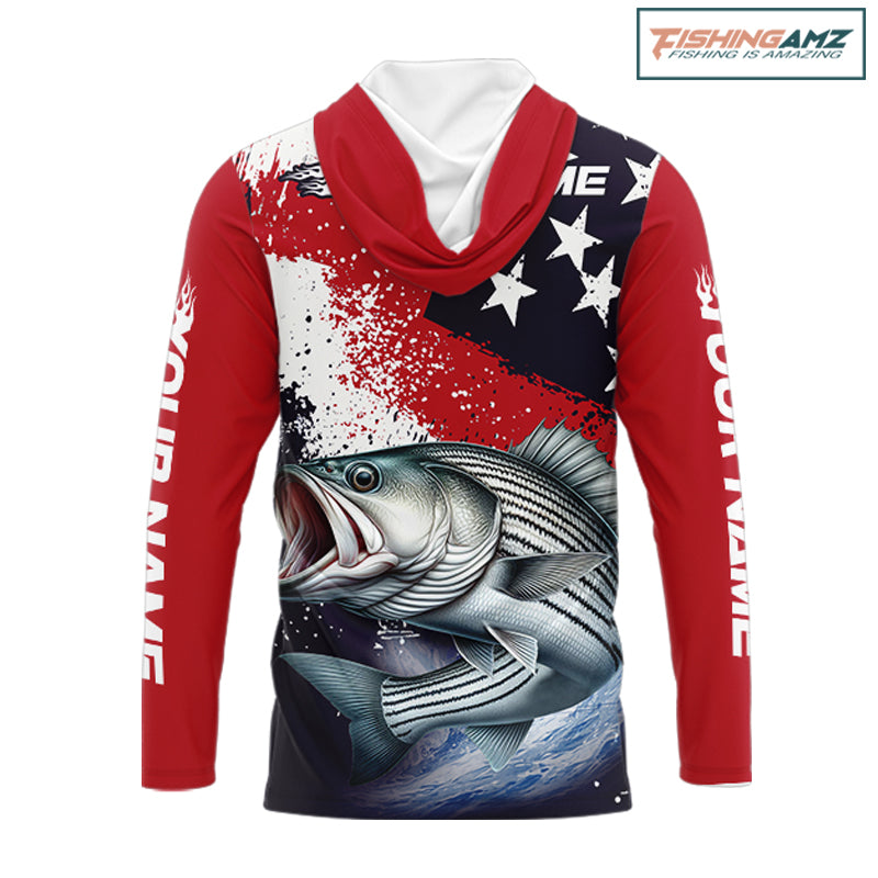 Personalized Striped Bass Fishing Jerseys, Custom American Flag Hooded Bass Fishing Shirts Long Sleeve NHT489