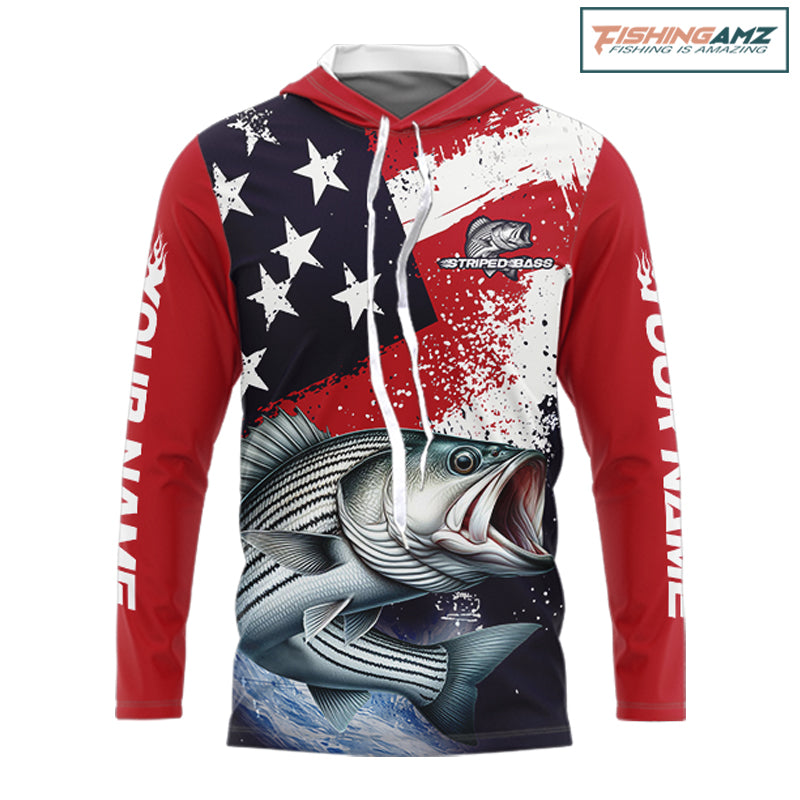 Personalized Striped Bass Fishing Jerseys, Custom American Flag Hooded Bass Fishing Shirts Long Sleeve NHT489