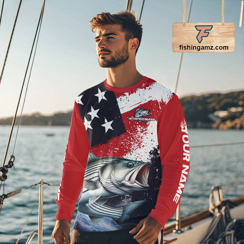 Personalized Striped Bass Fishing Jerseys, Custom American Flag Bass Fishing Shirts Long Sleeve NHT489