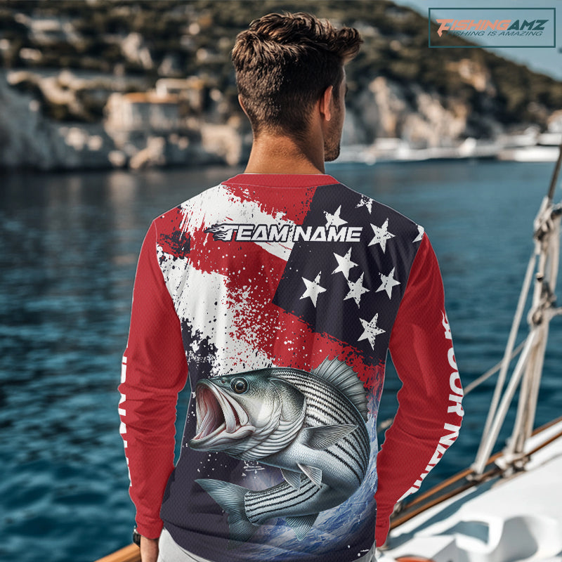 Personalized Striped Bass Fishing Jerseys, Custom American Flag Bass Fishing Shirts Long Sleeve NHT489