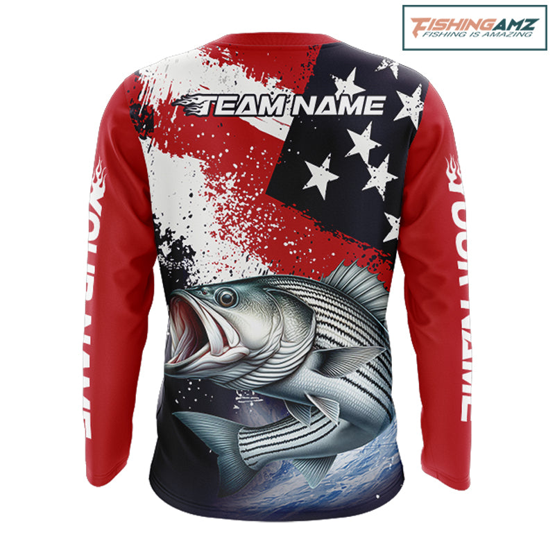 Personalized Striped Bass Fishing Jerseys, Custom American Flag Bass Fishing Shirts Long Sleeve NHT489