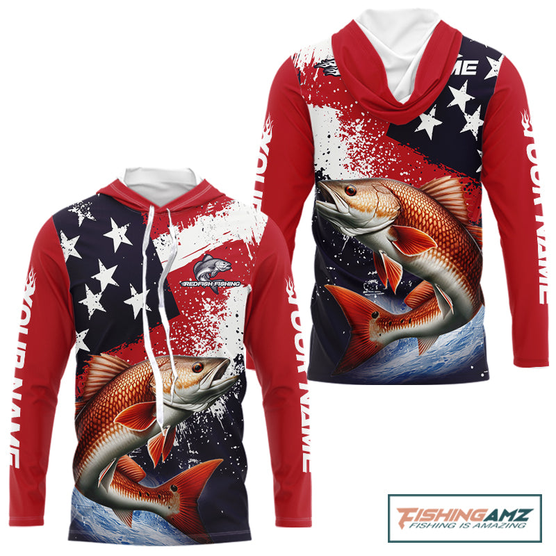 Personalized Redfish Fishing Jerseys, Custom American Flag Redfish Hooded Fishing Shirts Long Sleeve NHT490