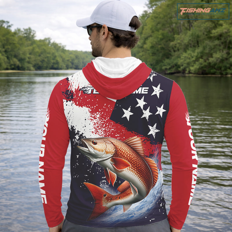 Personalized Redfish Fishing Jerseys, Custom American Flag Redfish Hooded Fishing Shirts Long Sleeve NHT490