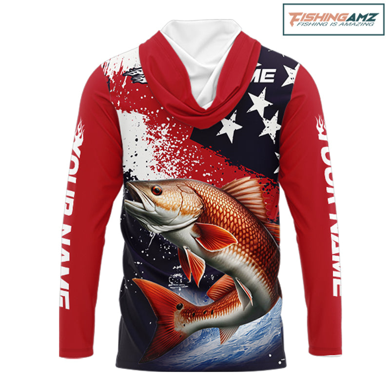 Personalized Redfish Fishing Jerseys, Custom American Flag Redfish Hooded Fishing Shirts Long Sleeve NHT490