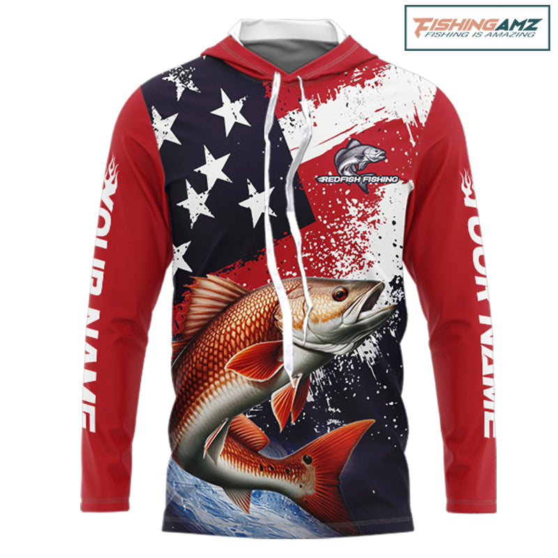 Personalized Redfish Fishing Jerseys, Custom American Flag Redfish Hooded Fishing Shirts Long Sleeve NHT490