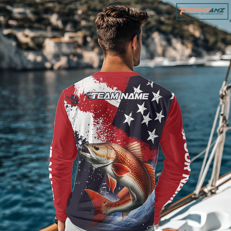 Personalized Redfish Fishing Jerseys, Custom American Flag Redfish Fishing Shirts Long Sleeve NHT490