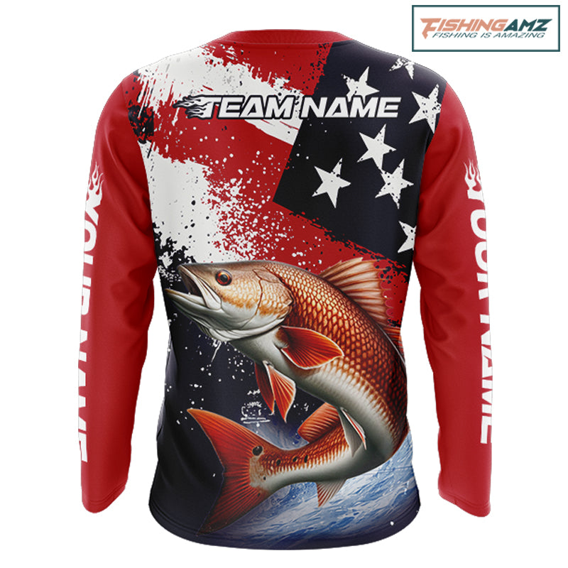 Personalized Redfish Fishing Jerseys, Custom American Flag Redfish Fishing Shirts Long Sleeve NHT490