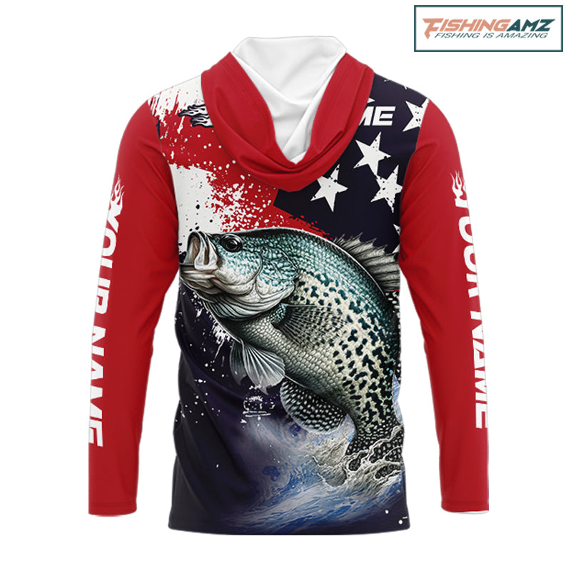 Personalized crappie fishing jersey, custom American flag crappie hooded fishing shirt long sleeve